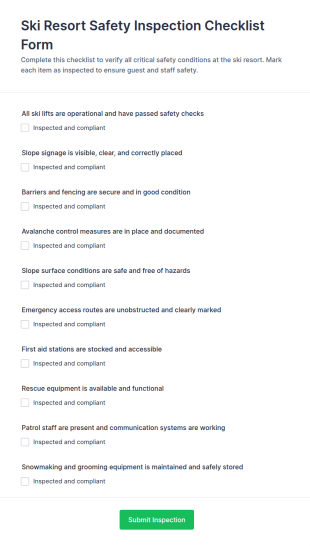 Ski Resort Safety Inspection Checklist Form Template