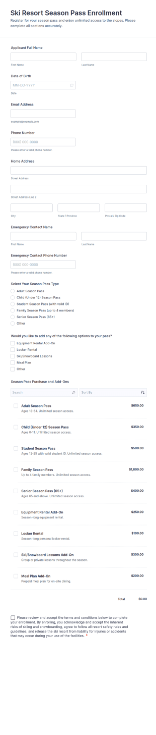 Ski Resort Season Pass Enrollment Form Template