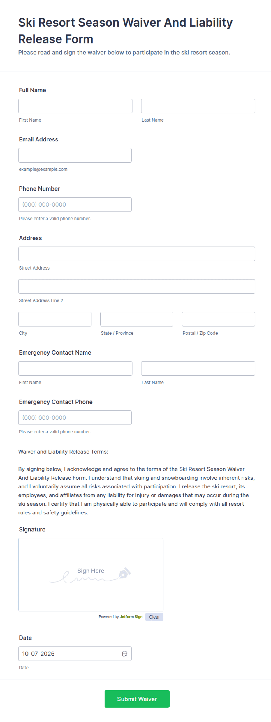Ski Resort Season Waiver and Liability Release Form Template | Jotform