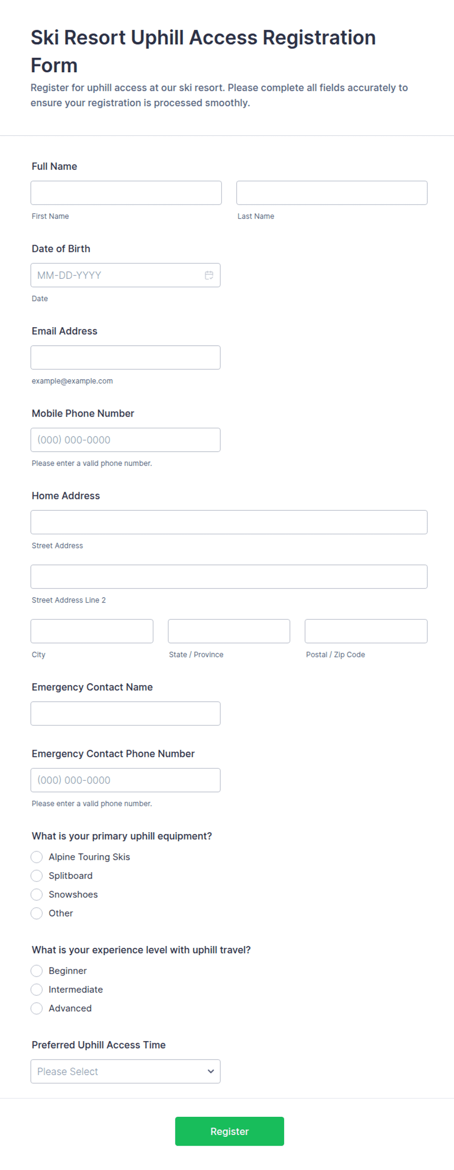 Ski Resort Uphill Access Registration Form Template | Jotform