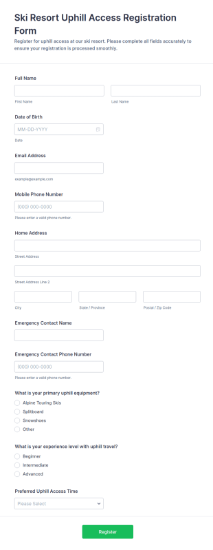 Ski Resort Uphill Access Registration Form Template
