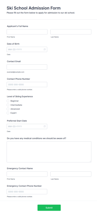 Ski School Admission Form Template
