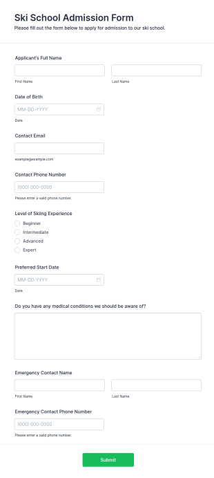 Ski School Admission Form Template