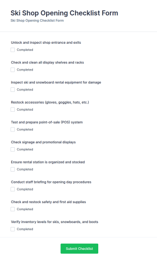 Ski Shop Opening Checklist Form Template