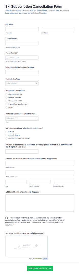 Ski Subscription Cancellation Form Template
