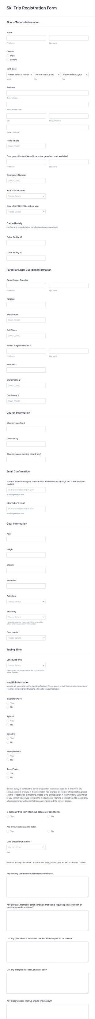 Ski Trip Registration Form Template