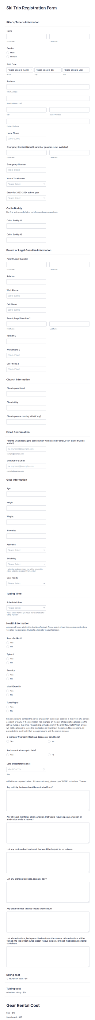Ski Trip Registration Form Template