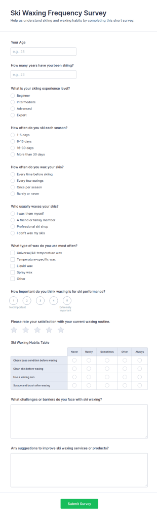 Ski Waxing Frequency Survey Form Template