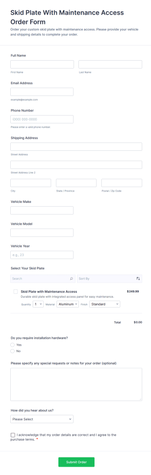 Skid Plate With Maintenance Access Order Form Template