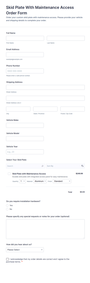 Skid Plate With Maintenance Access Order Form Template