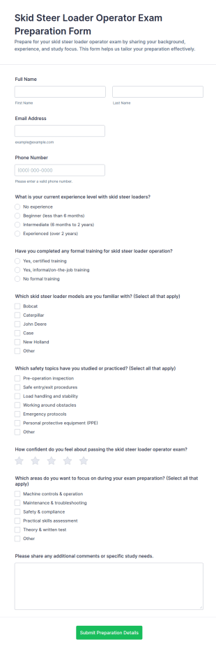 Skid Steer Loader Operator Exam Preparation Form Template
