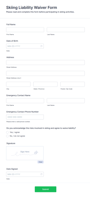 Skiing Liability Waiver Form Template