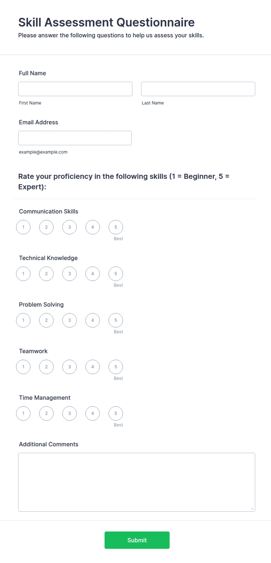Skill Testing Questions Examples Skill Assessment Questionnaire Form Template | Jotform