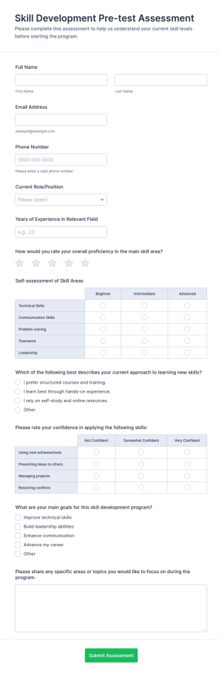 Skill Development Pre Test Assessment Form Template