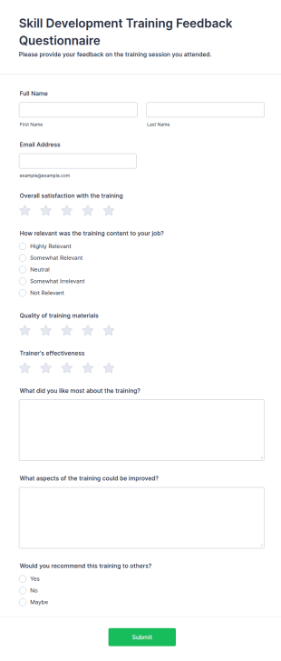 Skill Development Training Feedback Questionnaire Form Template