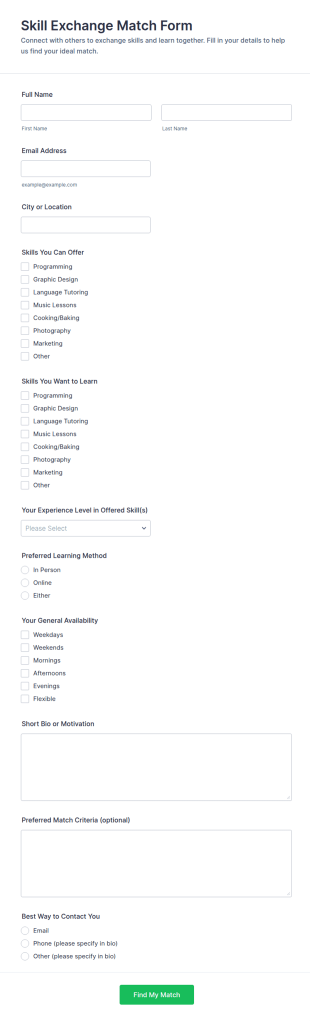 Skill Exchange Match Form Template