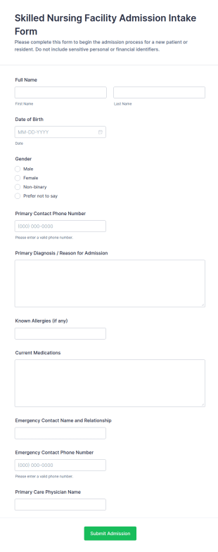 Skilled Nursing Facility Admission Intake Form Template