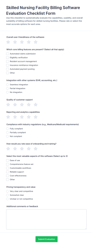 Skilled Nursing Facility Billing Software Evaluation Checklist Form Template