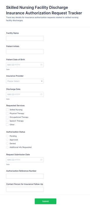 Skilled Nursing Facility Discharge Insurance Authorization Request Tracker Form Template