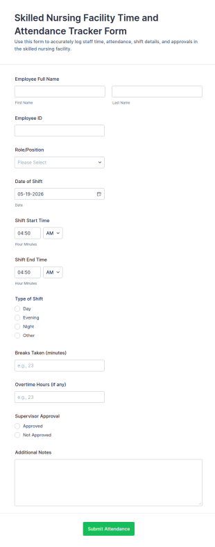 Skilled Nursing Facility Time And Attendance Tracker Form Template