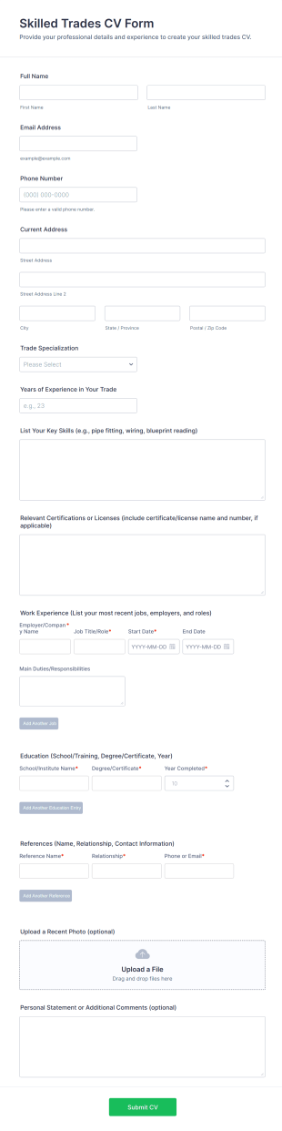 Skilled Trades CV Form Template