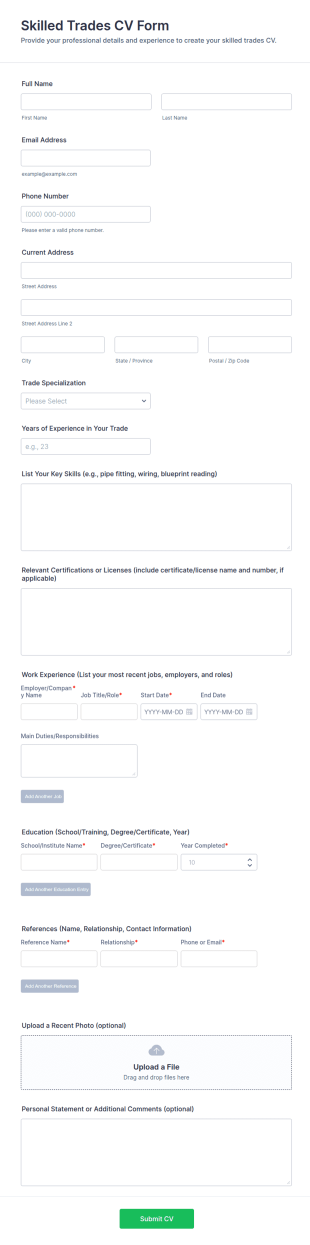Skilled Trades CV Form Template