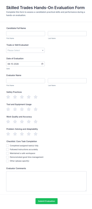 Skilled Trades Hands On Evaluation Form Template