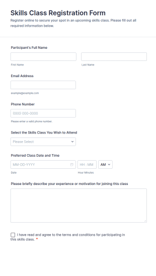 Skills Class Registration Form Template