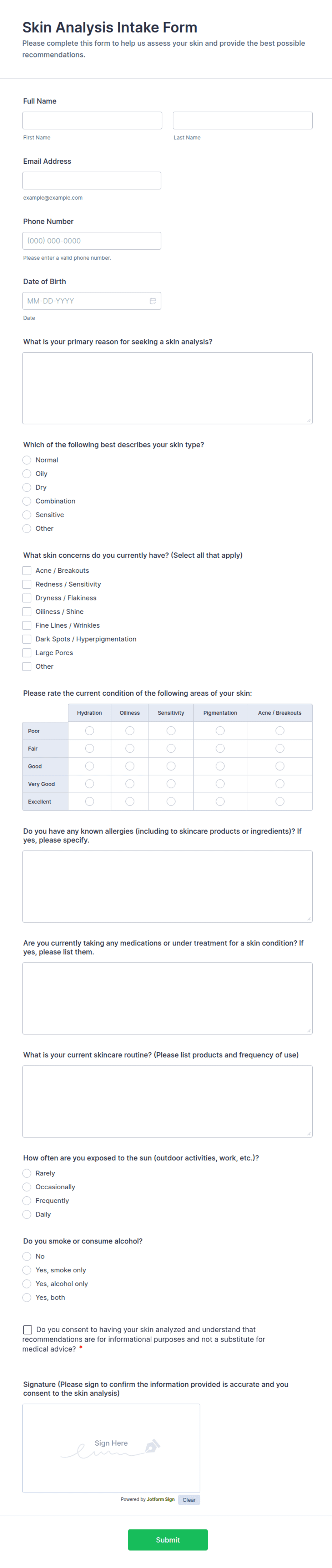 Skin Analysis Intake Form Template | Jotform