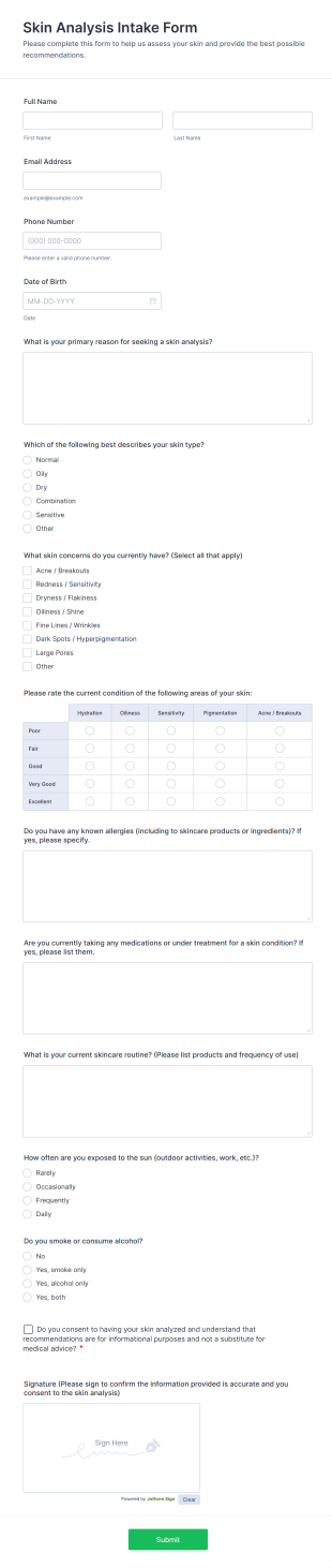 Skin Analysis Intake Form Template