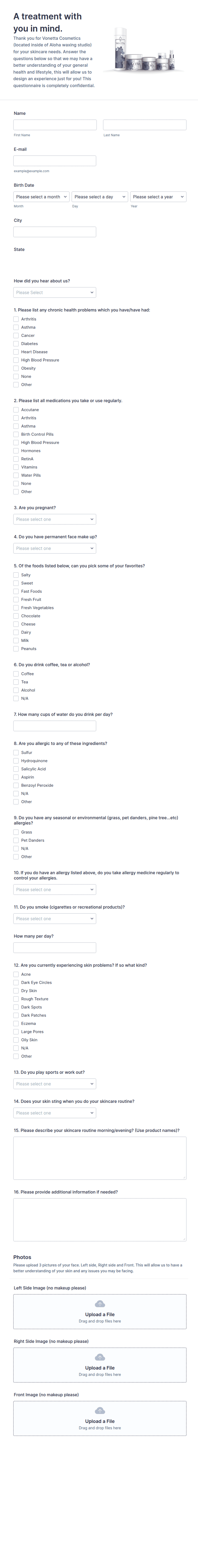 Skin Analysis Questionnaire Form Template | Jotform