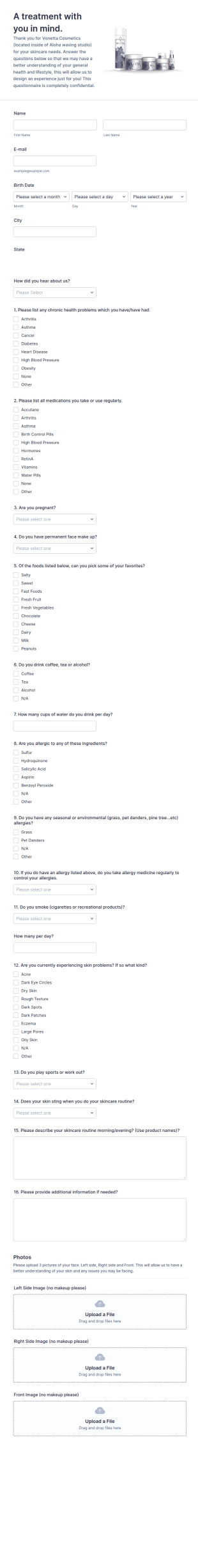 Skin Analysis Questionnaire Form Template