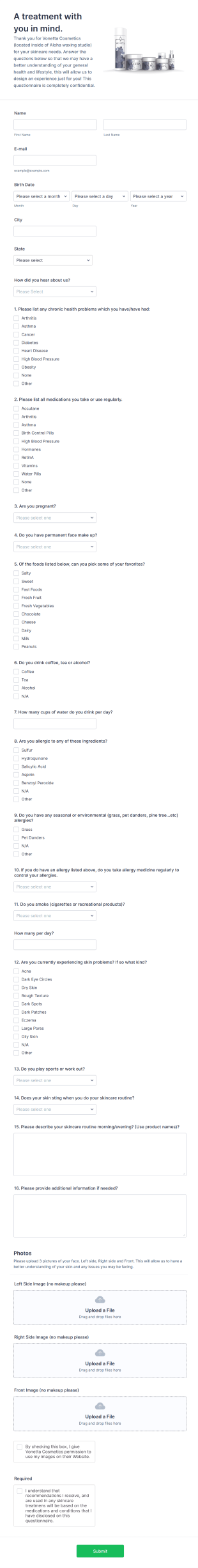 Skin Analysis Questionnaire Form Template