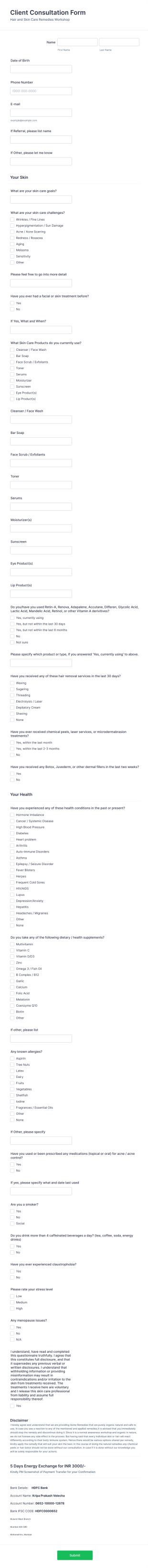 Skin And Hair Care Consultation Form Template