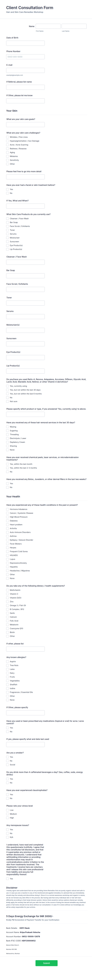 Skin And Hair Care Consultation Form Template