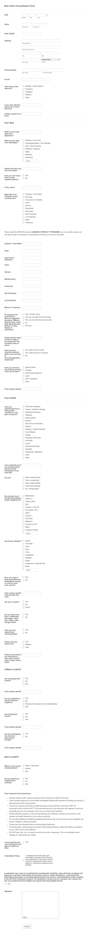 Skin Revision Skin Care Assessment Form Template