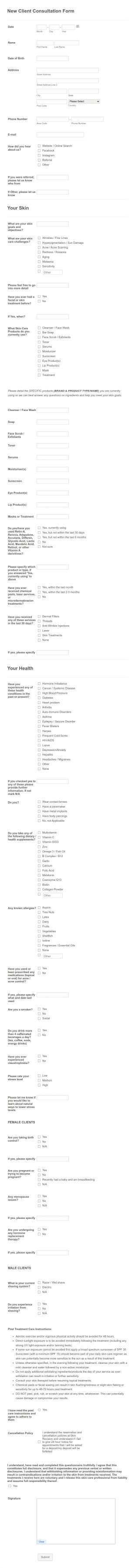 Skin Revision Skin Care Assessment Form Template