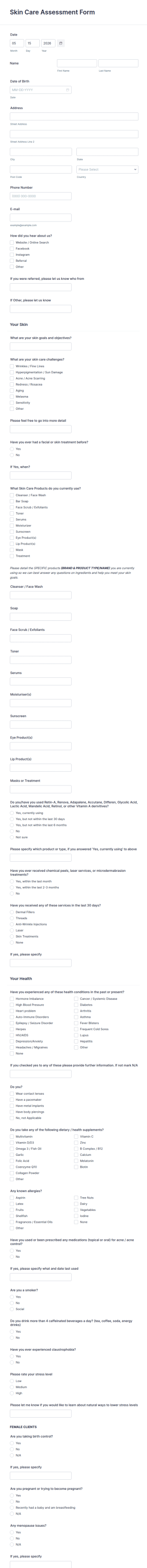 Skin Care Assessment Form Template