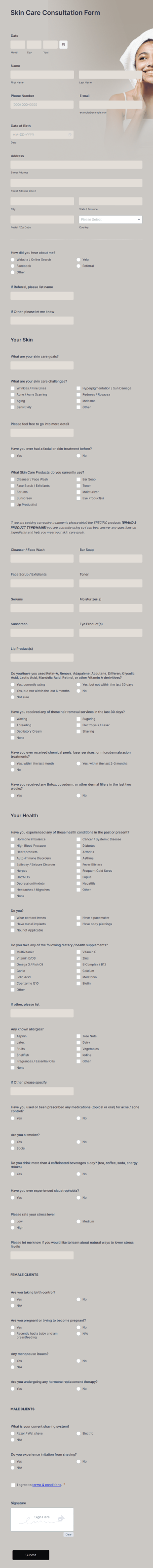Skin Care Consultation Form Template