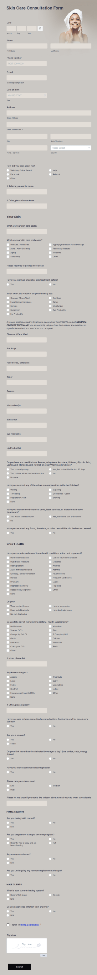Skin Care Consultation Form Template