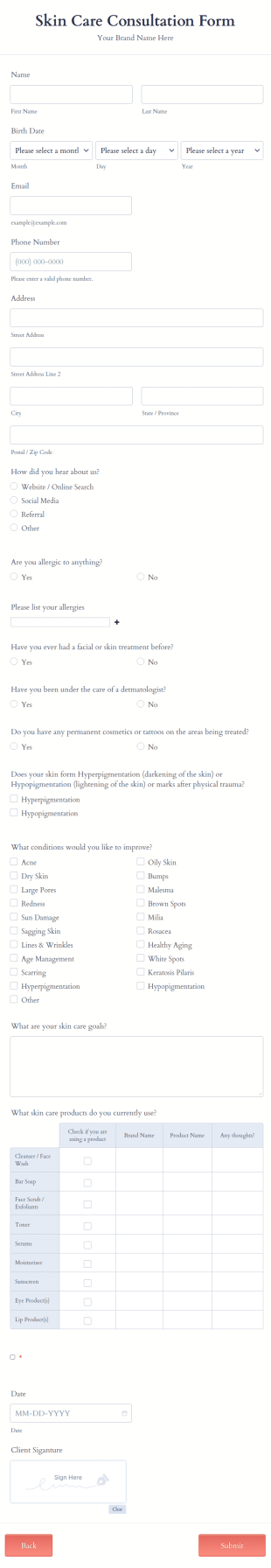Skin Care Consultation Request Form Template