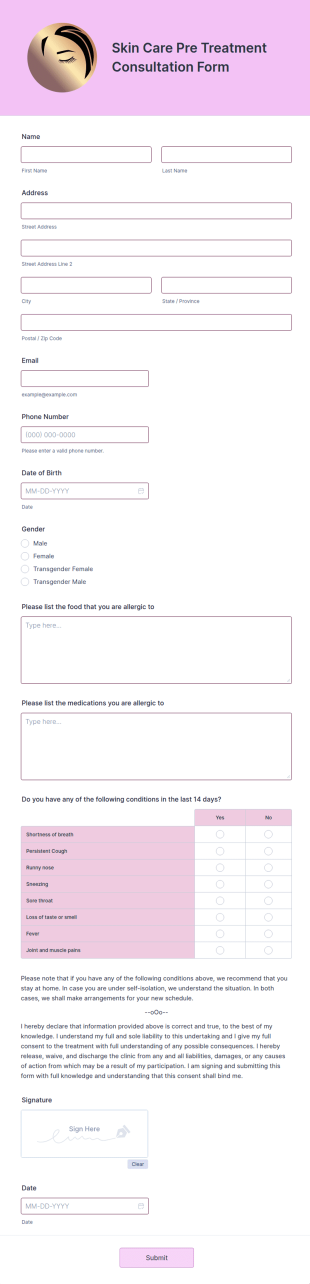 Skin Care Pre Treatment Consultation Form Template