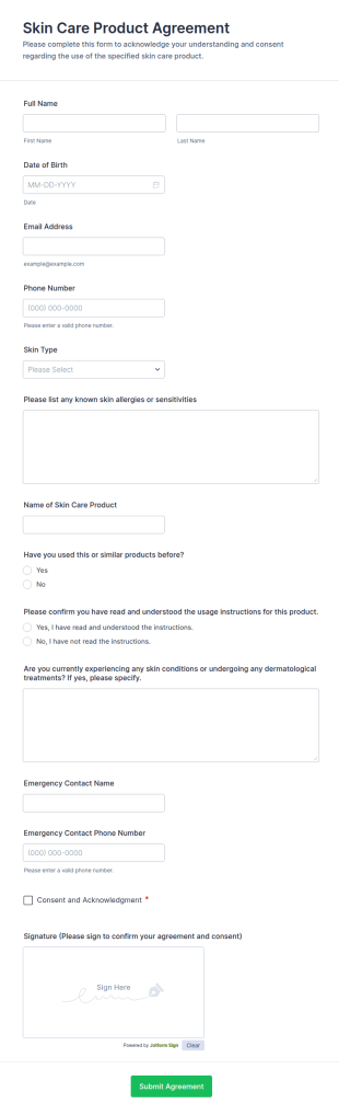 Skin Care Product Agreement Form Template