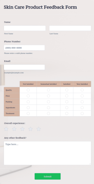 Skin Care Product Feedback Form Template