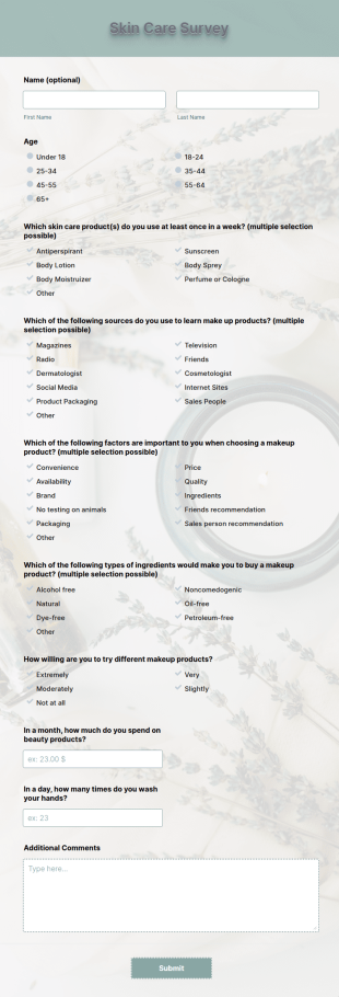 Skin Care Survey Form Template