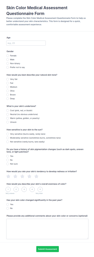 Skin Color Medical Assessment Questionnaire Form Template
