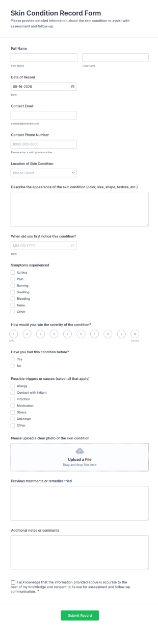 Skin Condition Record Form Template