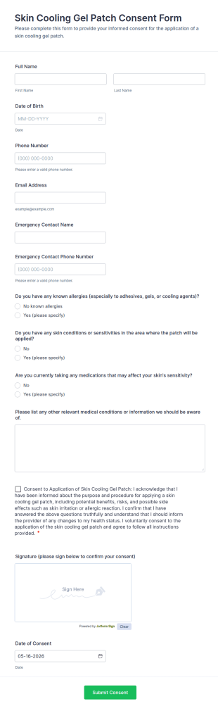 Skin Cooling Gel Patch Consent Form Template