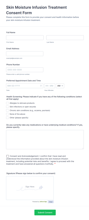 Skin Moisture Infusion Treatment Consent Form Template