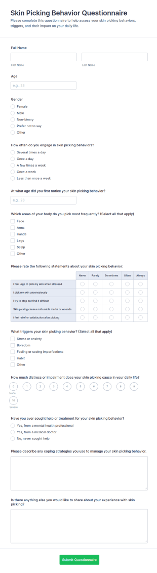 Skin Picking Behavior Questionnaire Form Template